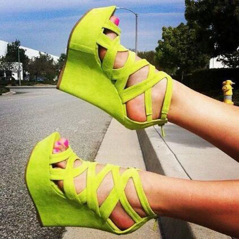 Women'S Shoes Yellow - Sandal Wedges Platform Berongga Warna Kuning